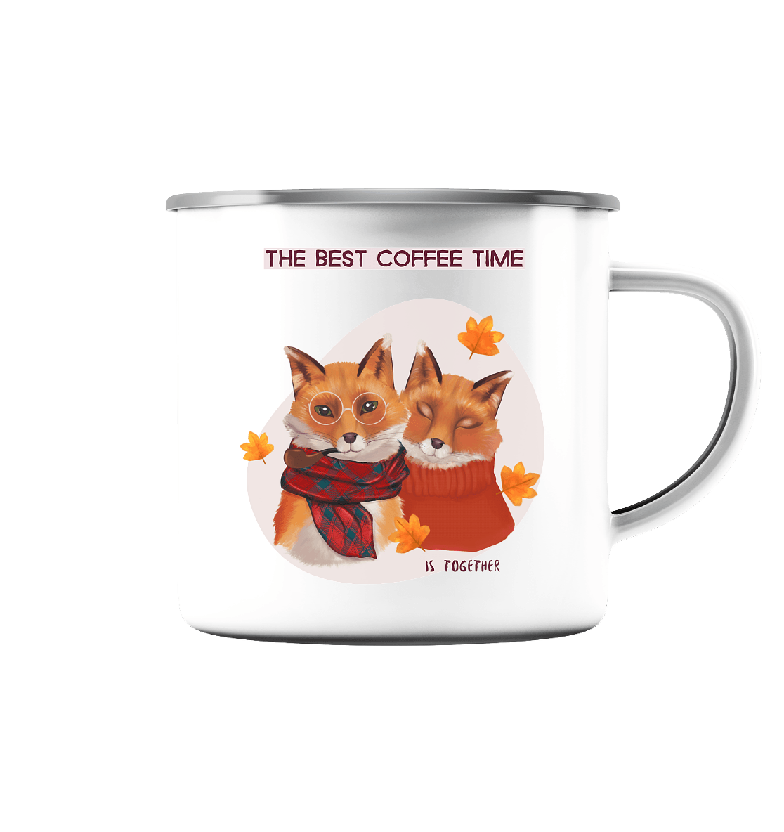 Emaille Tasse mit Liebespärchen Fuchspärchen im Herbst