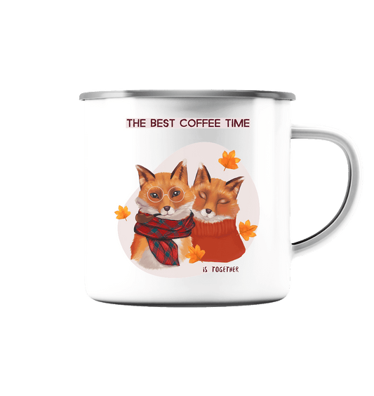 Emaille Tasse mit Liebespärchen Fuchspärchen im Herbst
