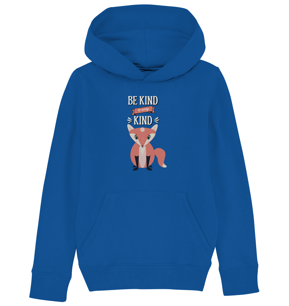 Fuchs Kinder Kapuzenpulli in cobalt blau mit handgezeichneten, süßen Fuchs.