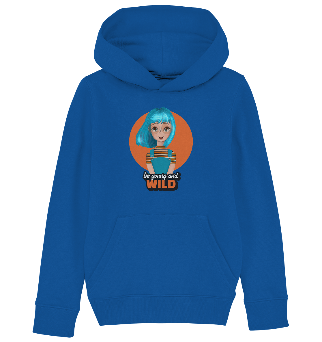 Cartoon Gild Mädchen Kapuzenpullover in royal blue mit handgezeichneten Cartoon und Beschriftung "be young and wild."