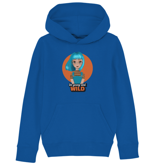Cartoon Gild Mädchen Kapuzenpullover in royal blue mit handgezeichneten Cartoon und Beschriftung "be young and wild."