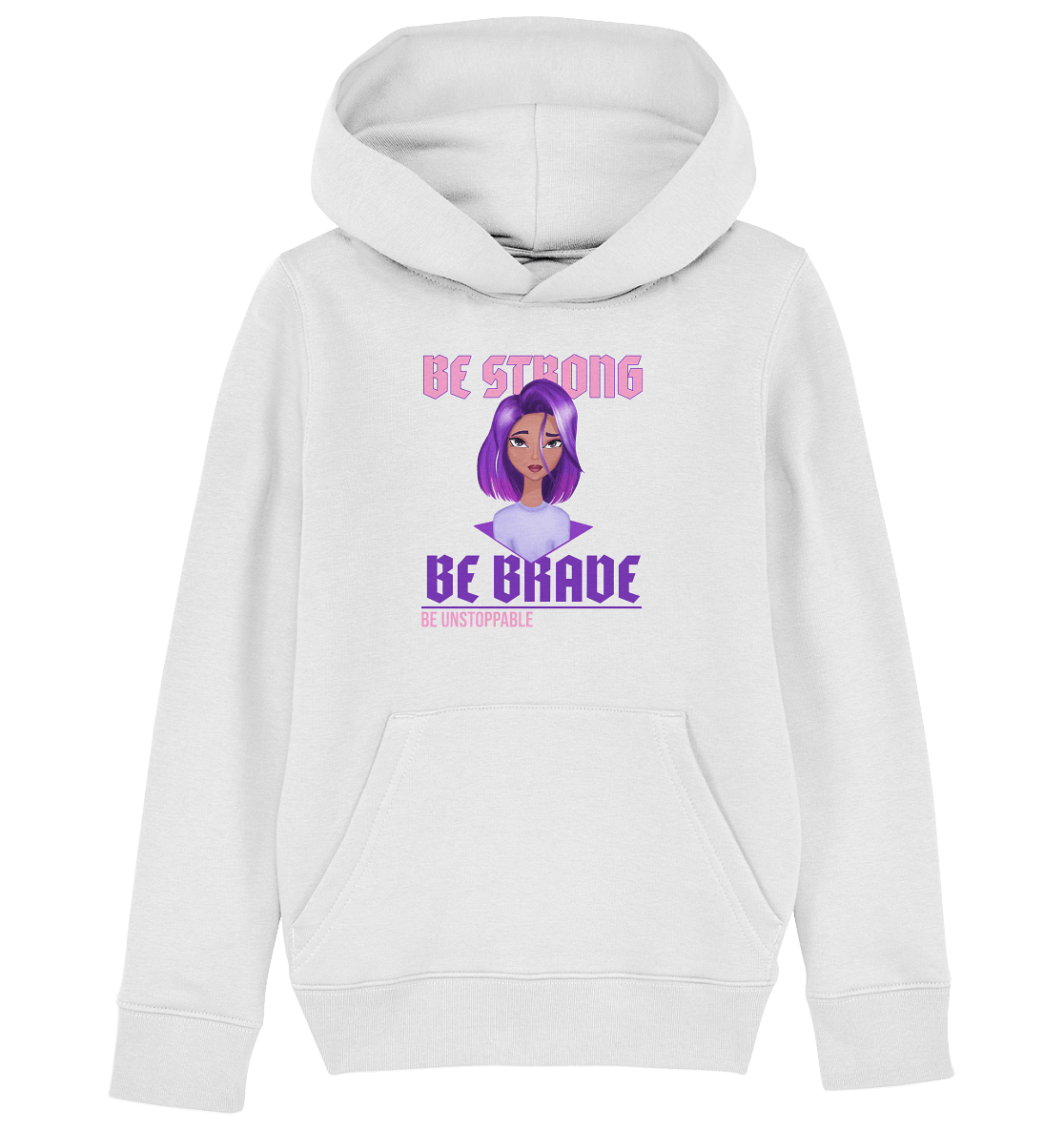  Mädchen Kapuzenpullover in weiß mit handgezeichneten Cartoon mit lila-violett Ombré Haarfarbe und Beschriftung "be strong be brave be unstoppable."