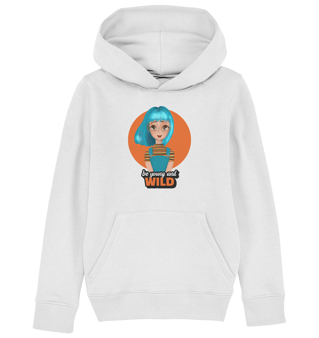  Mädchen Kapuzenpullover in white mit handgezeichneten Cartoon  und Beschriftung "be young and wild."