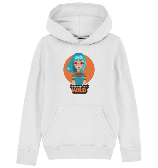  Mädchen Kapuzenpullover in white mit handgezeichneten Cartoon  und Beschriftung "be young and wild."