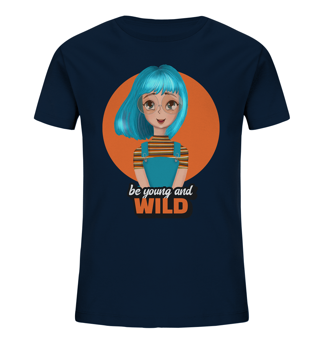 Mädchen Teenager T-Shirt in French Navy mit handgezeichneten Cartoon und Beschriftung "be young and wild."