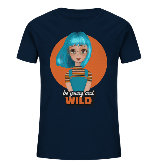 Mädchen Teenager T-Shirt in French Navy mit handgezeichneten Cartoon und Beschriftung "be young and wild."