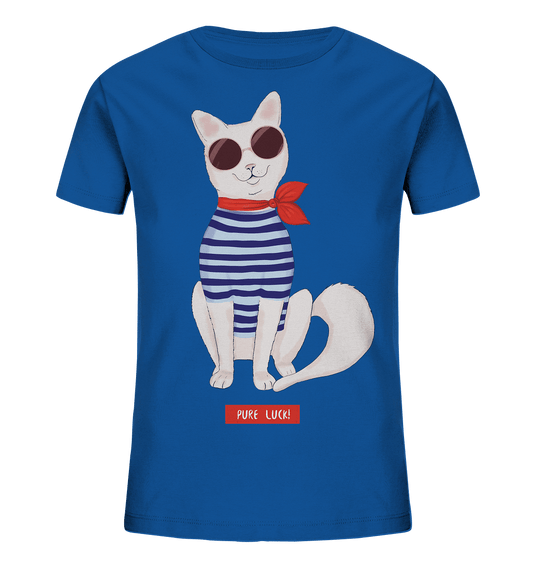 Maritime Katze Comic Kinder Shirt in royal blau mit Katze mit runder Sonnenbrille mit Matrosenhemd Pure Luck Print von BLOOMINIC