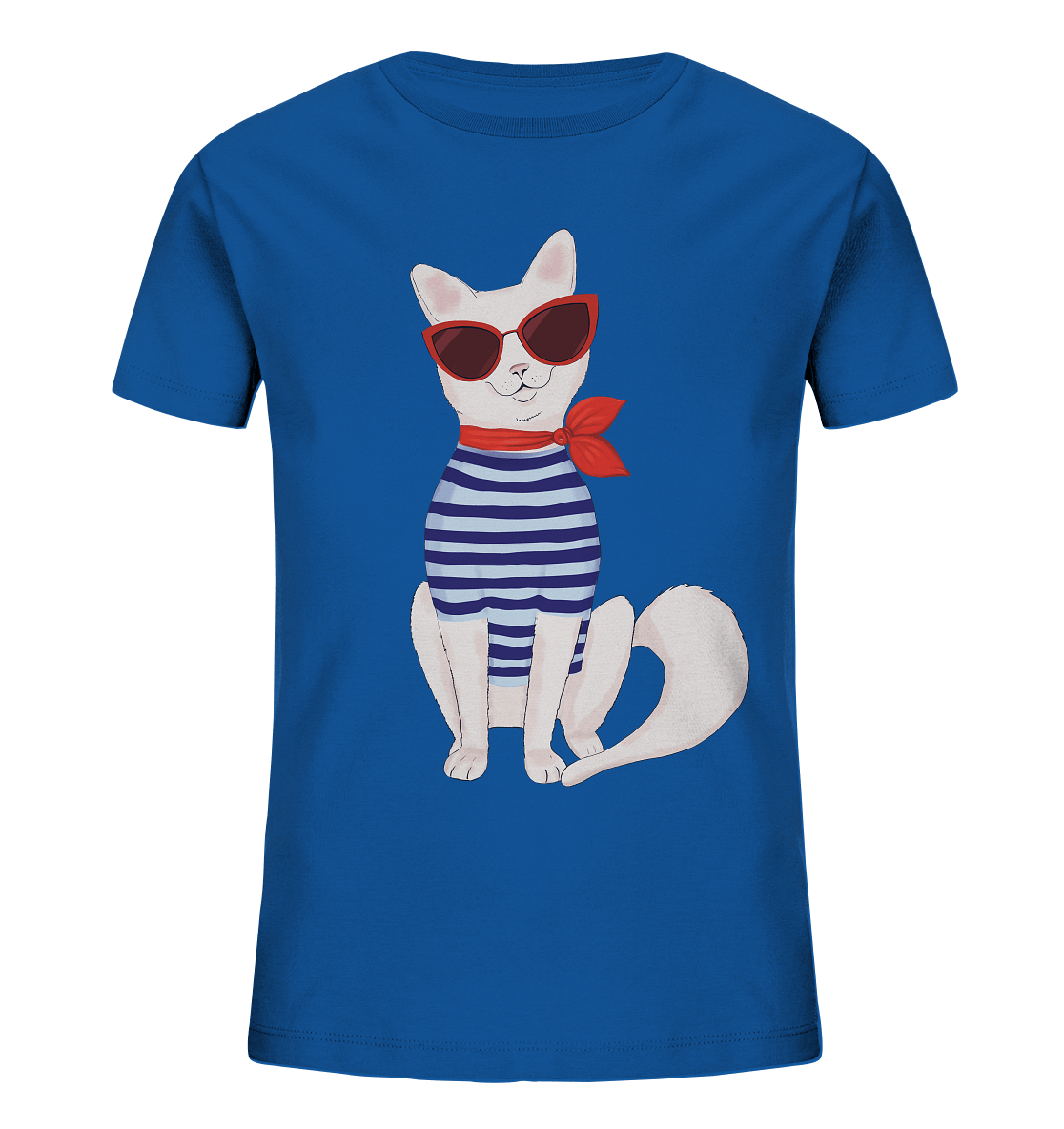 Katze T-Shirt in royal blue mit der coolen, modische Katze mit Matrosenshirt und roter Sonnenbrille im Cat Eye Style. 