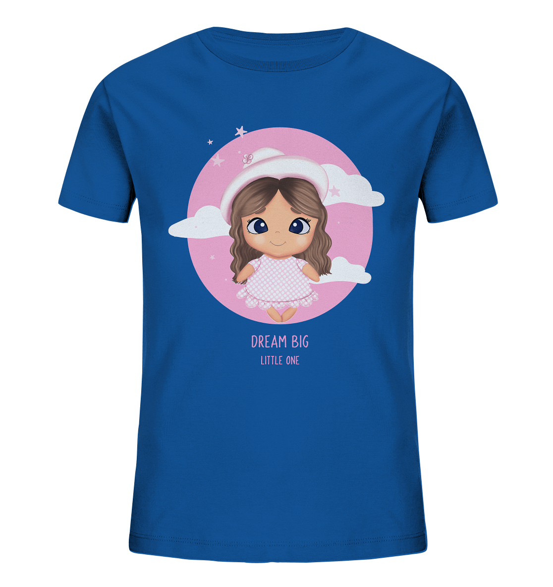 süßes baby cartoon T-Shirt mit handgezeichneten Cartoon und Beschriftung  "Dream Big little one." hübsche Mädchen Cartoon-Design T-Shirt in blau von Bloominic