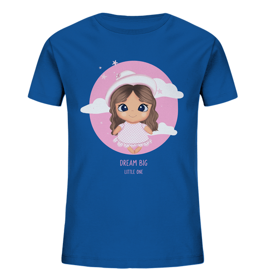 süßes baby cartoon T-Shirt mit handgezeichneten Cartoon und Beschriftung "Dream Big little one." hübsche Mädchen Cartoon-Design T-Shirt in blau von Bloominic