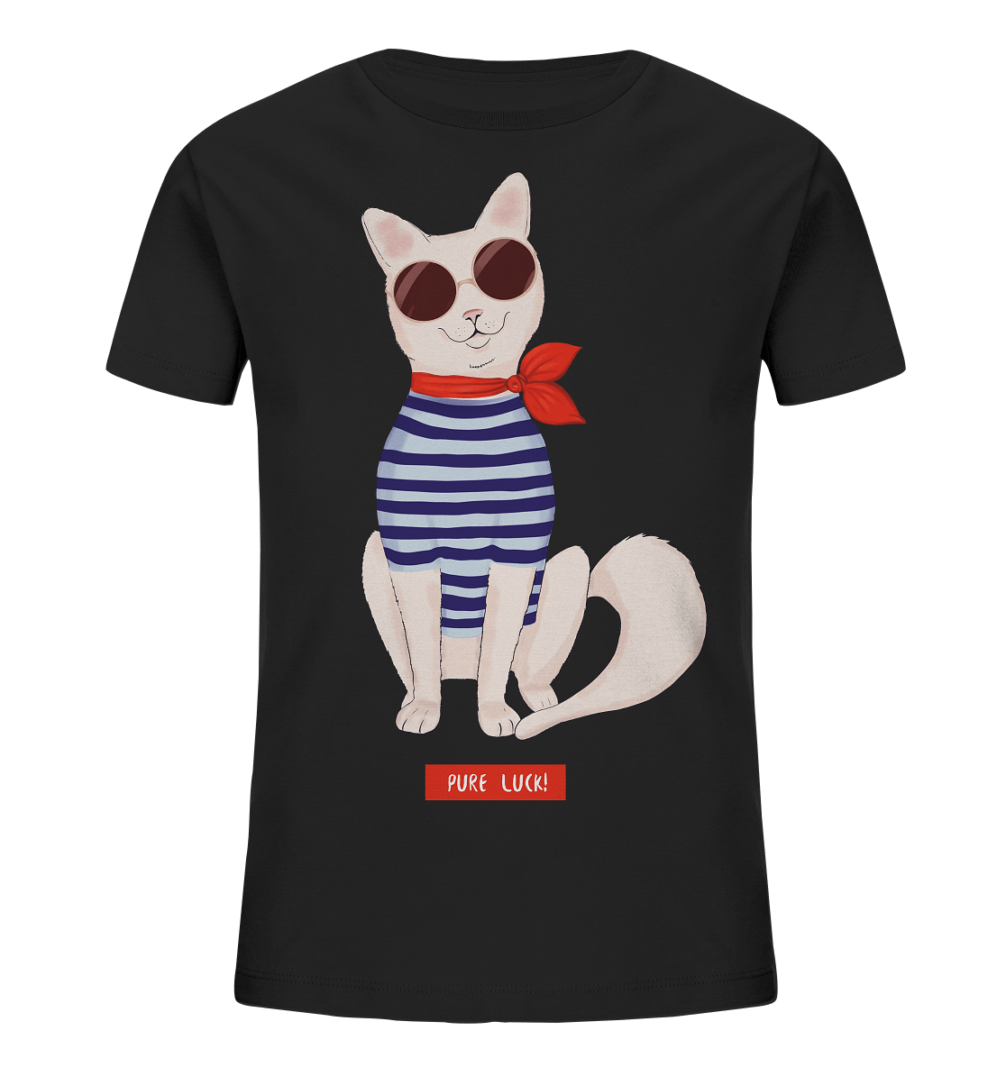 Maritime Katze Comic Kinder Shirt in schwarz mit Katze in Streifenhemd