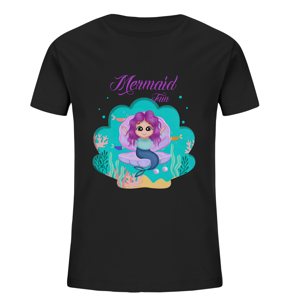 Meerjungfrau Cartoon T-Shirt mit handgezeichneten Mermaid Cartoon und Beschriftung "Mermaid Fun" baby ariel T-Shirt in schwarz