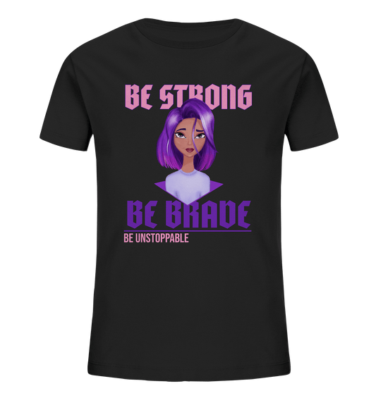 Teenager Mädchen T-Shirt in schwarz mit dem trendigen Print. Cooles handgezeichnetes Cartoon mit lila-violett Ombré Haarfarbe und Beschriftung "be strong be brave be unstoppable."