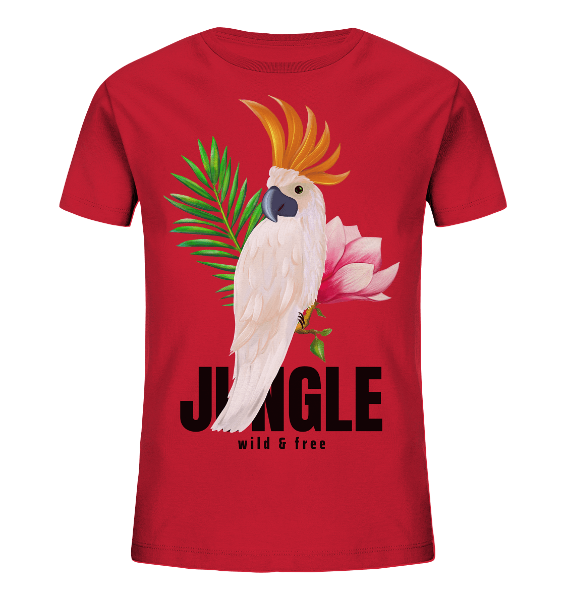 Papagei Kakadu Kinder Shirt in rot mit weißen Papagei und tropische Blumen