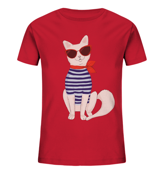 Katze Cartoon T-Shirt in rot mit der coolen, modische grinsekatze mit Matrosenshirt und roter Sonnenbrille im Cat Eye Style. 