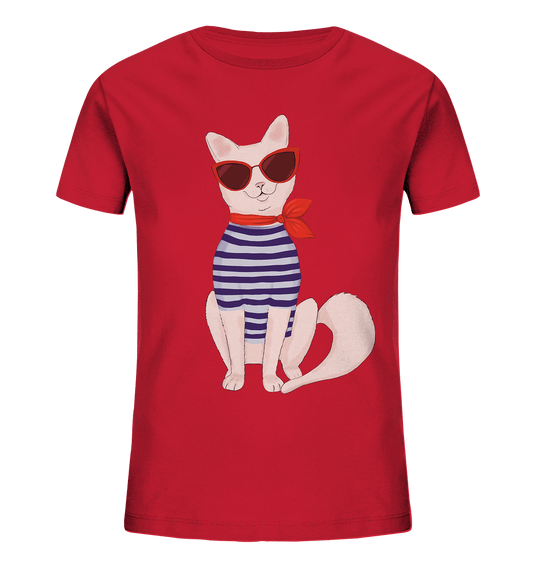 Katze Cartoon T-Shirt in rot mit der coolen, modische grinsekatze mit Matrosenshirt und roter Sonnenbrille im Cat Eye Style.