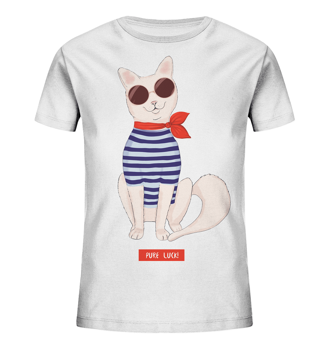 Maritime Katze Comic Kinder Shirt in weiß mit Katze mit Sonnenbrille und maritime  Streifen Hemd von Bloominic