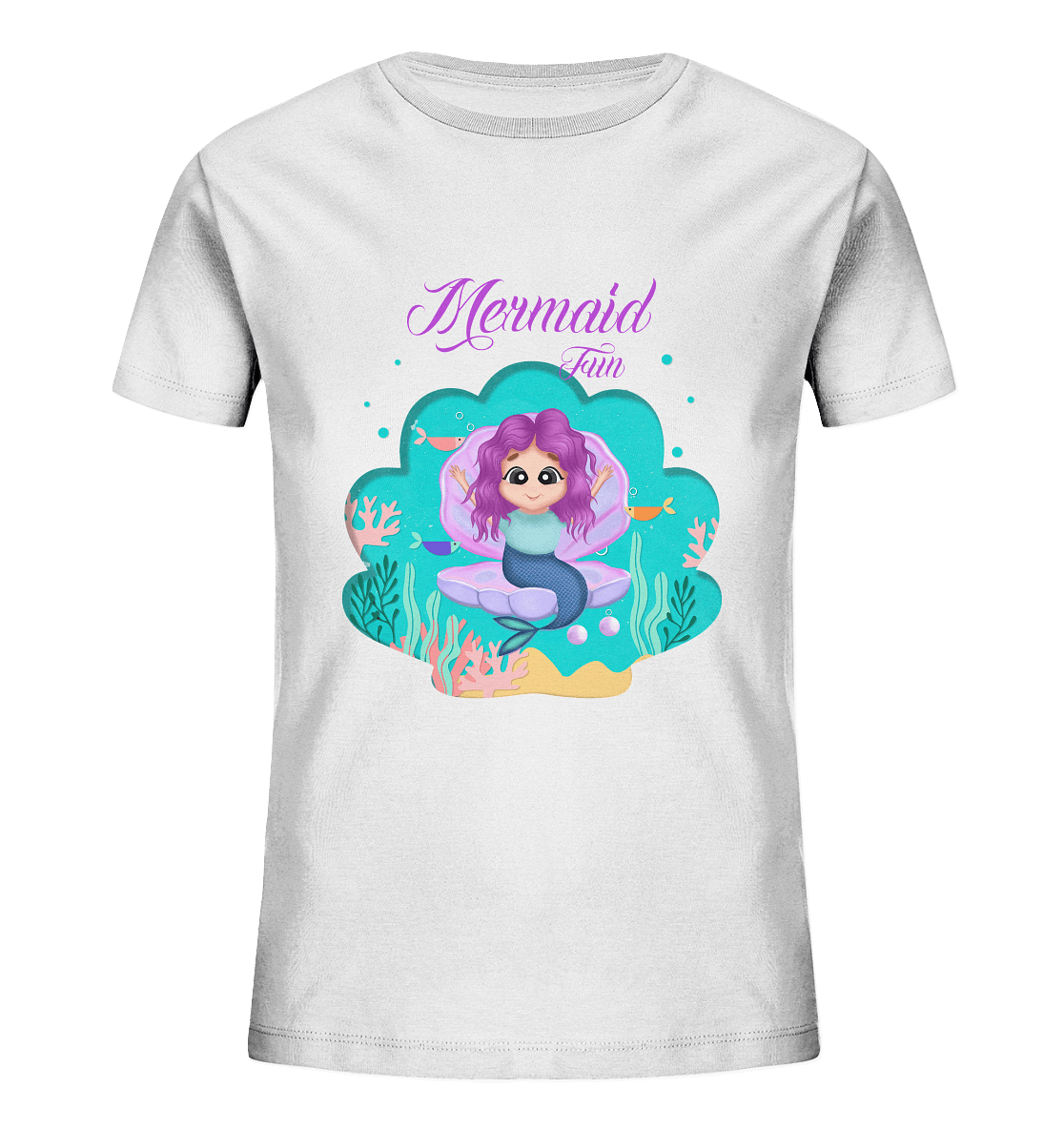 Meerjungfrau Cartoon T-Shirt mit handgezeichneten Mermaid Cartoon und Beschriftung "Mermaid Fun" baby ariel T-Shirt in weiß