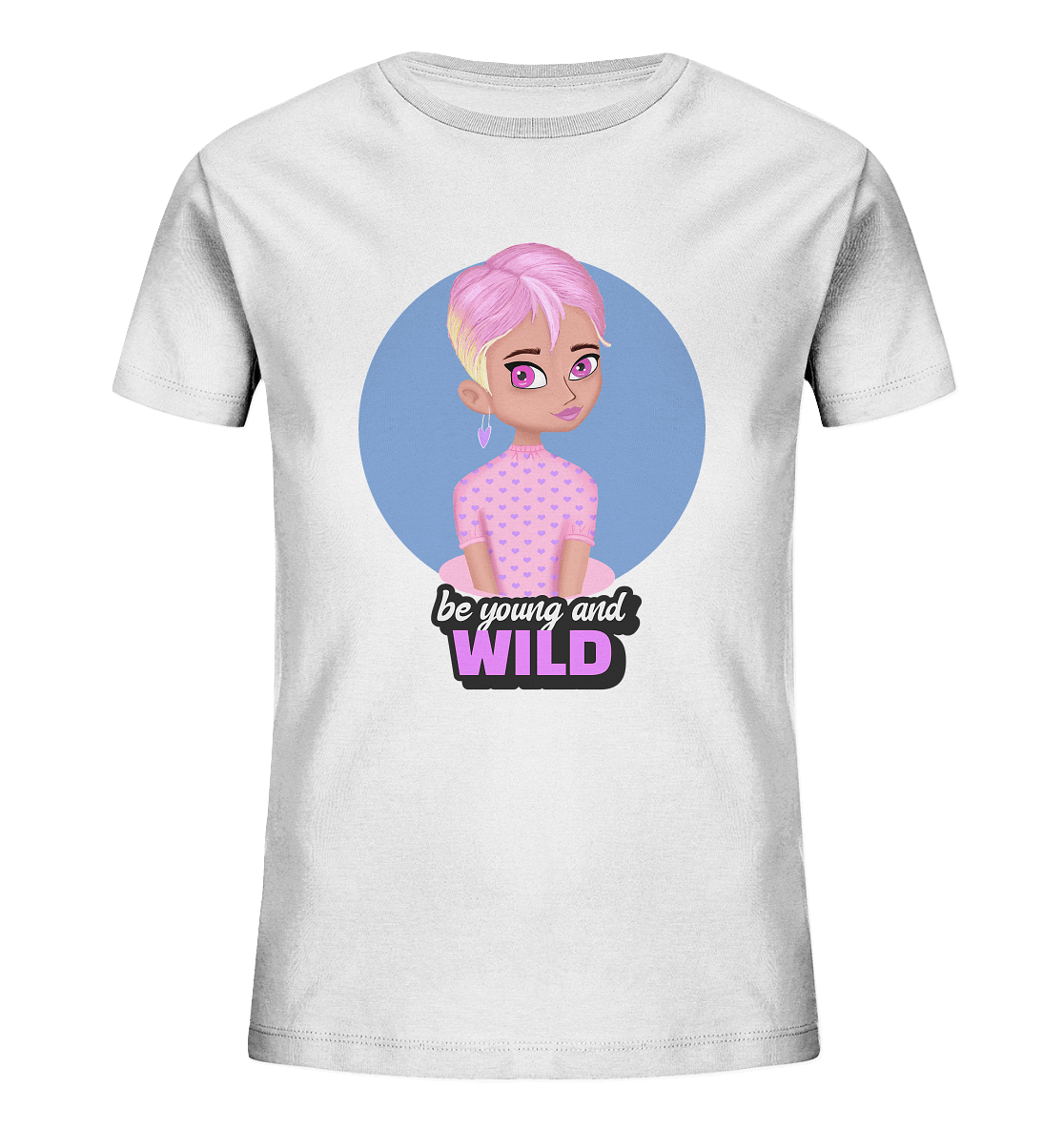 Mädchen T-Shirt in weiß mit trendigem handgezeichneten Cartoon Design und Beschriftung "be young and wild."