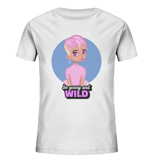 Mädchen T-Shirt in weiß mit trendigem handgezeichneten Cartoon Design und Beschriftung "be young and wild."