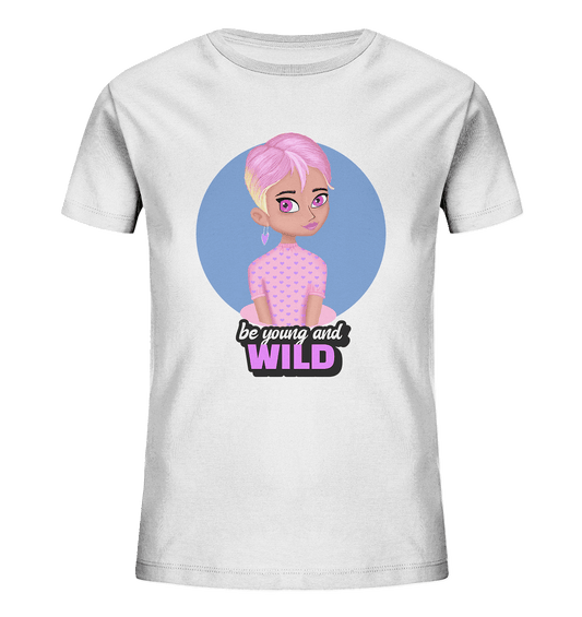 Mädchen T-Shirt in weiß mit trendigem handgezeichneten Cartoon Design und Beschriftung "be young and wild."