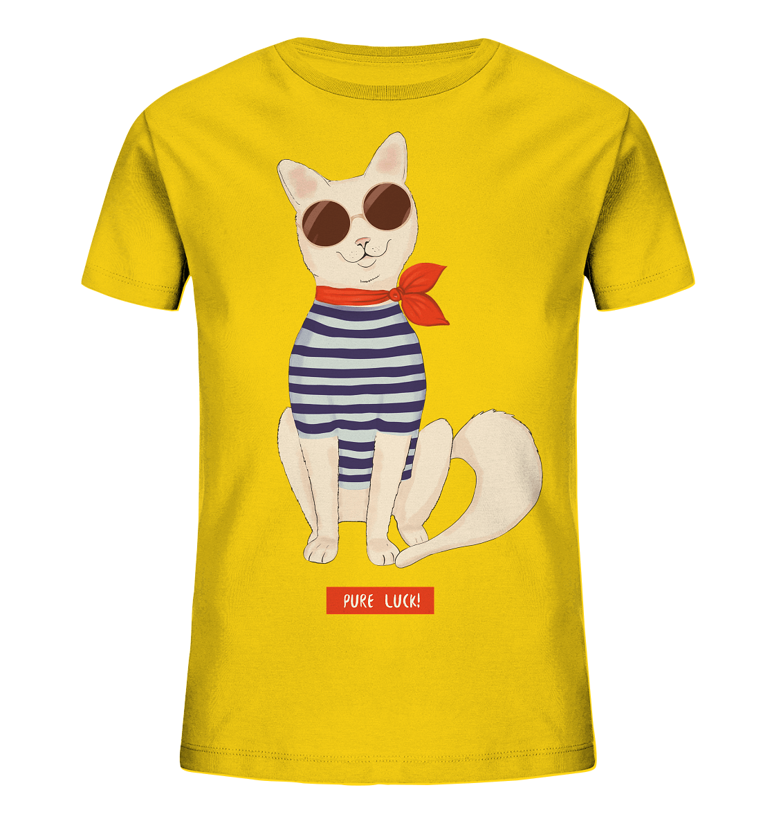Maritime Katze Comic Kinder Shirt in gelb Pure Luck mit Katze im Streifenhemd