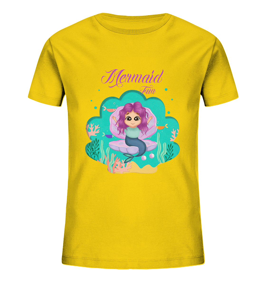 Meerjungfrau Cartoon T-Shirt mit handgezeichneten Mermaid Cartoon und Beschriftung "Mermaid Fun" baby ariel T-Shirt in gelb von Bloominic