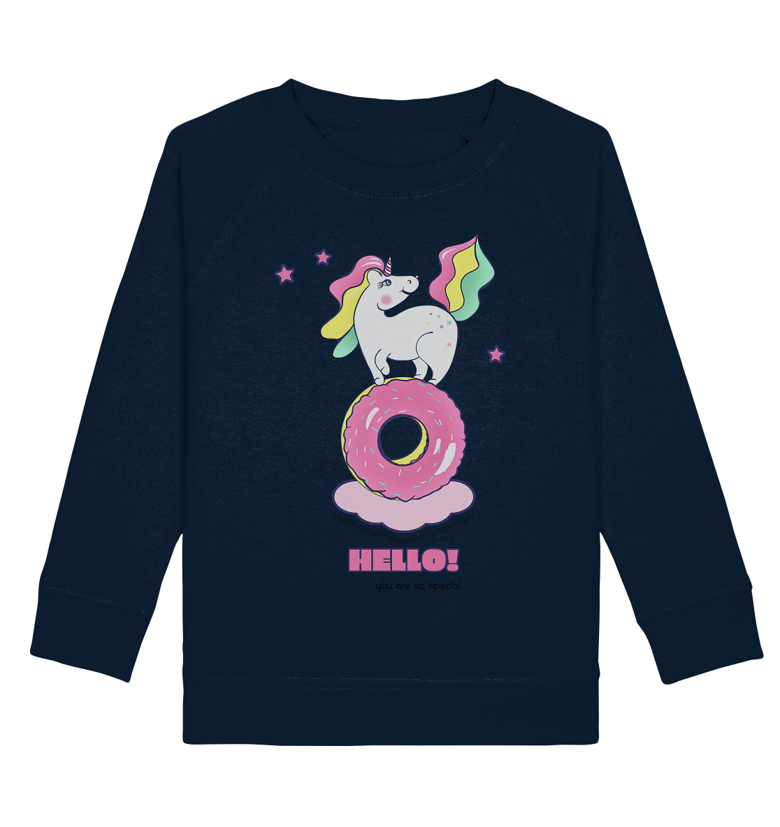 Einhorn Kinder Sweatshirt in navy blau mit witzigen Einhorn auf pinken Donut Print von BLOOMINIC