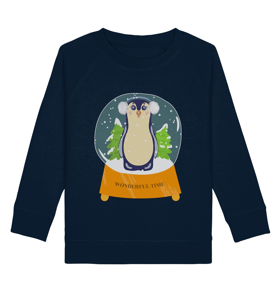 Pinguin Cartoon Kinder Sweatshirt in dunkel blau mit handgezeichneten Pinguin Cartoon in Glaskugel wonderful timen Sweatshirt in navy