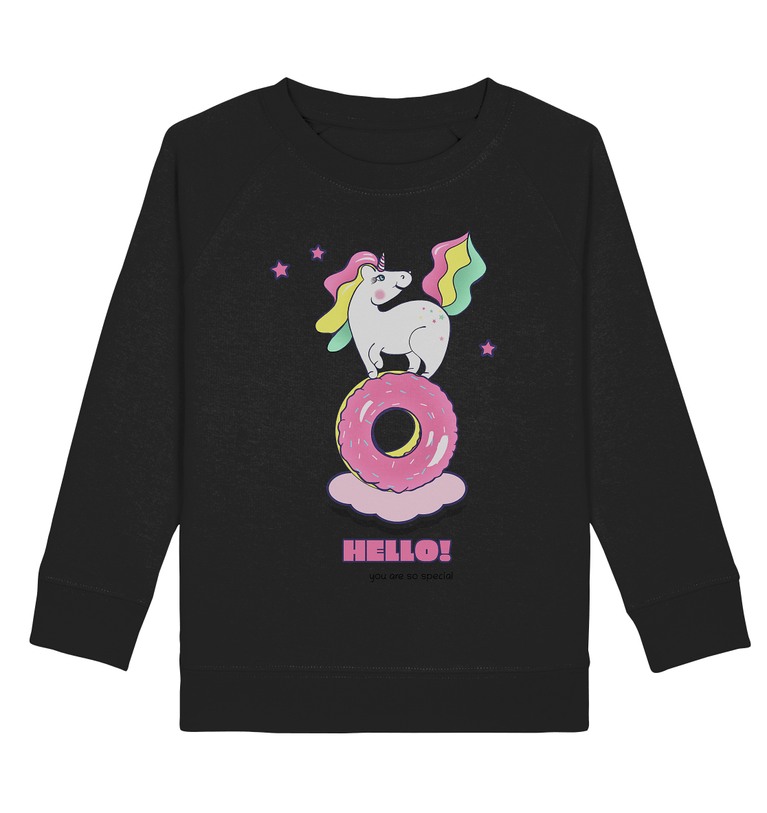 Einhorn Kinder Sweatshirt in schwarz mit bunden Einhorn mit bunten Einhorn auf Donut Print