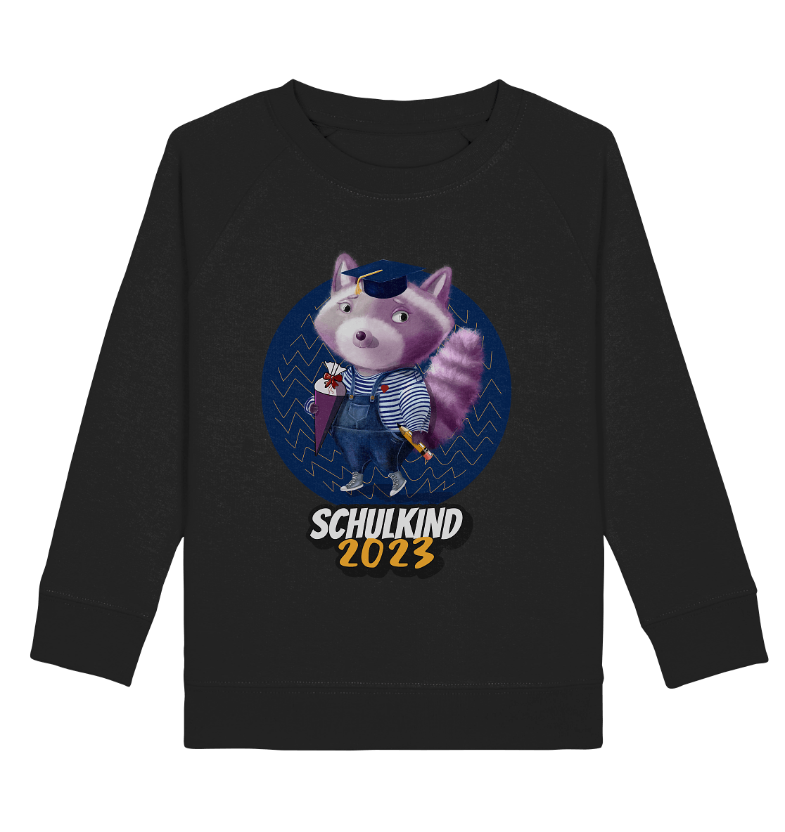 Schulkind-2023-Sweatshirt-Waschbaer-mit-Zuckertuete-schwarz