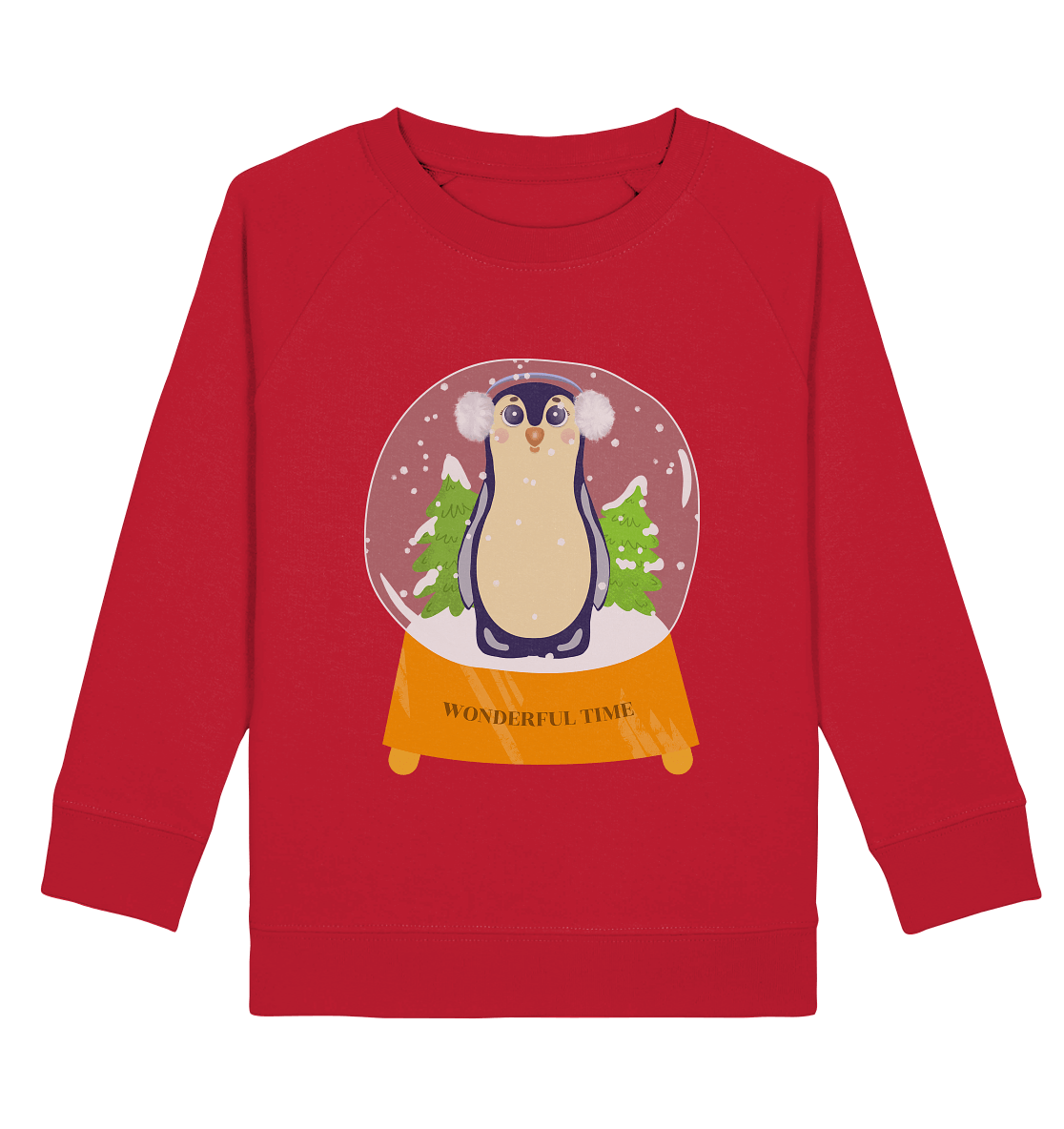 Pinguin Cartoon in Glaskugel Wonderful time Kinder Sweatshirt in rot mit handgezeichneten Pinguin Sweatshirt in rot
