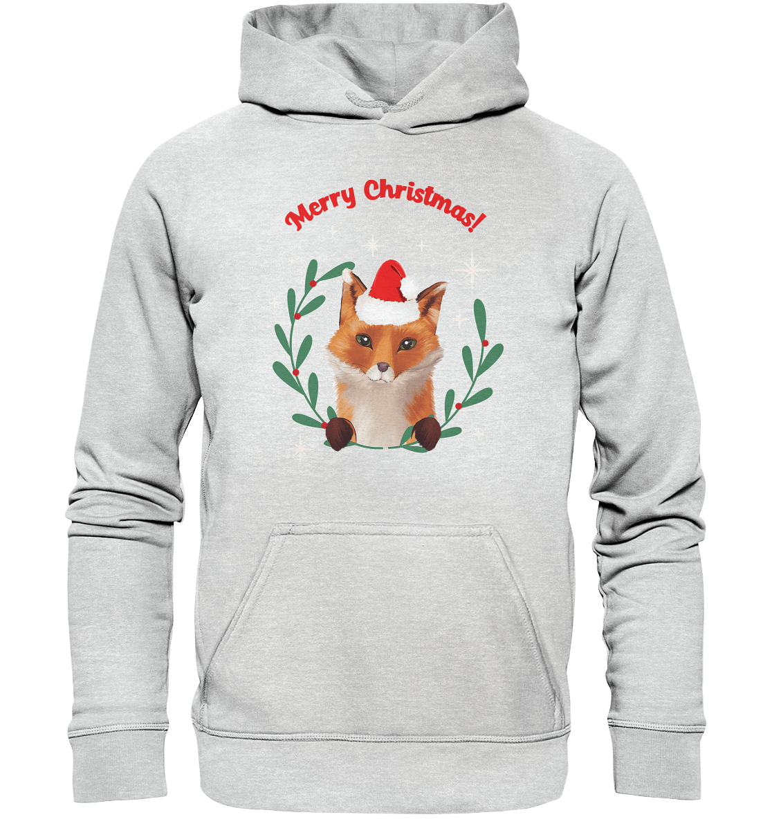 Kinder Hoodie in hell grau Fuchs mit Weihnachtsmütze