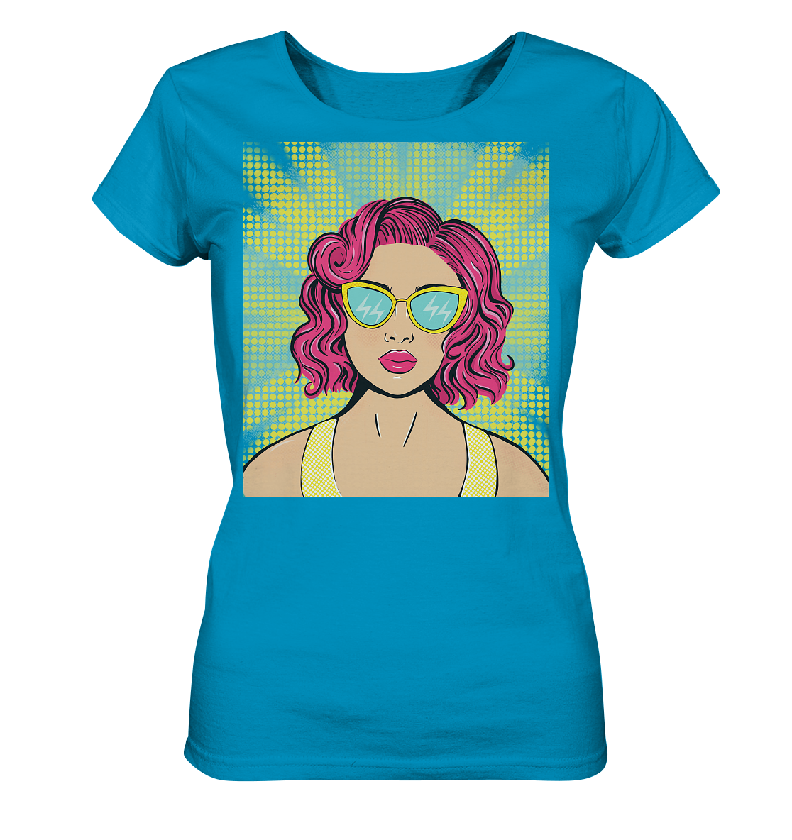 Damen T-Shirt mit Pop Art Design Damen T-Shirt bedruckt mit handgezeichneten Pop Art Design. T-Shirt mit bunten Comic Pop Art Style Print.