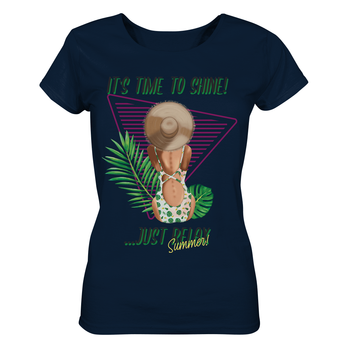 Illustration Sommer T-Shirt in navy blue mit sommerlichen Illustration Print, Dame mit Strohhut Illustration