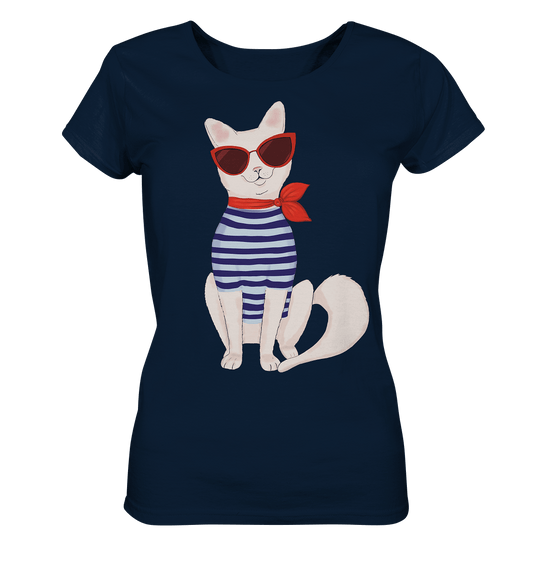 Damen T-Shirt in French Navy mit der coolen, modische Katze mit Matrosenshirt und roter Sonnenbrille im Cat Eye Style von Bloominic
