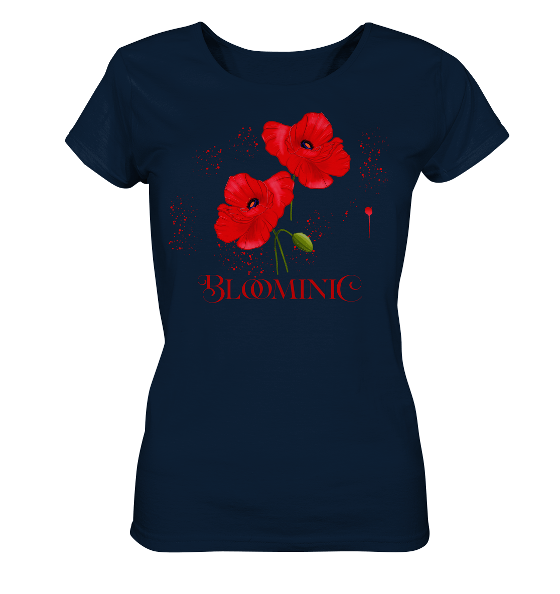 Damen T-Shirt in navy mit roten, handgezeichneten Mohnblumen. Florale Muster Mohnblumen Zeichnung Shirt Bloominic 