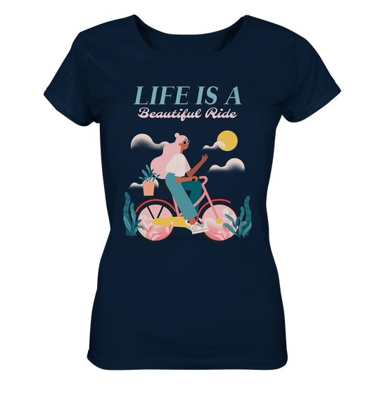 Damen T-Shirt mit Flat Illustration in Pastellfarben und Beschriftung "Life is a beautiful ride"