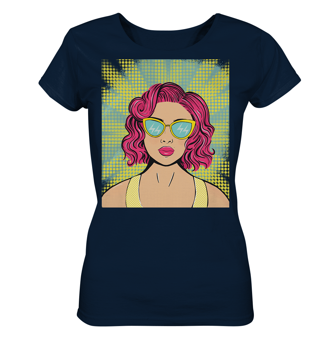 Damen T-Shirt mit Pop Art Design Damen T-Shirt bedruckt mit handgezeichneten Pop Art Design. T-Shirt mit bunten Comic Pop Art Style Print.