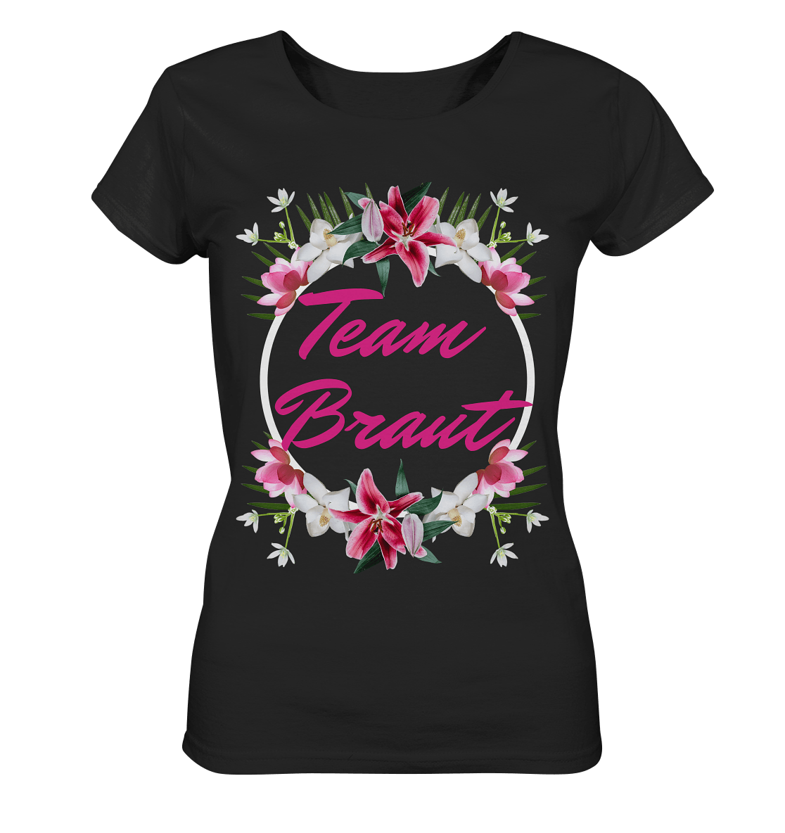 JGA T-Shirt in schwarz Team Braut Blumen