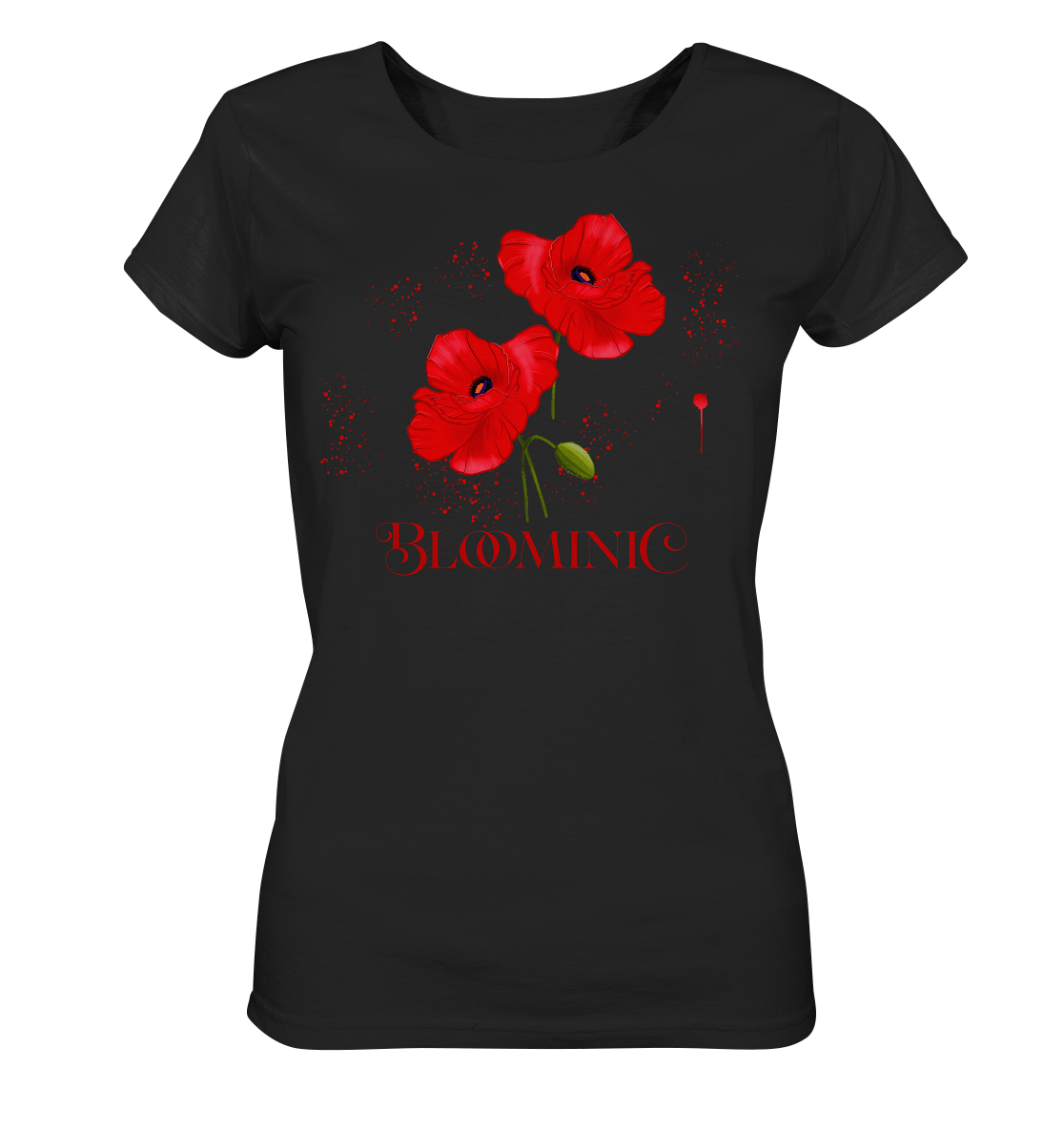 Damen T-Shirt in schwarz mit roten, handgezeichneten Mohnblumen. Florale Muster Mohnblumen Zeichnung Shirt Bloominic 