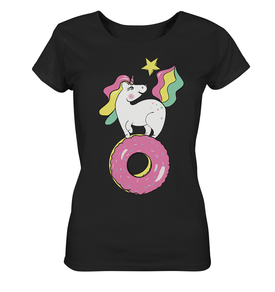einhorn t shirt in schwarz, unicorn muster, einhorn auf Donut t shirt