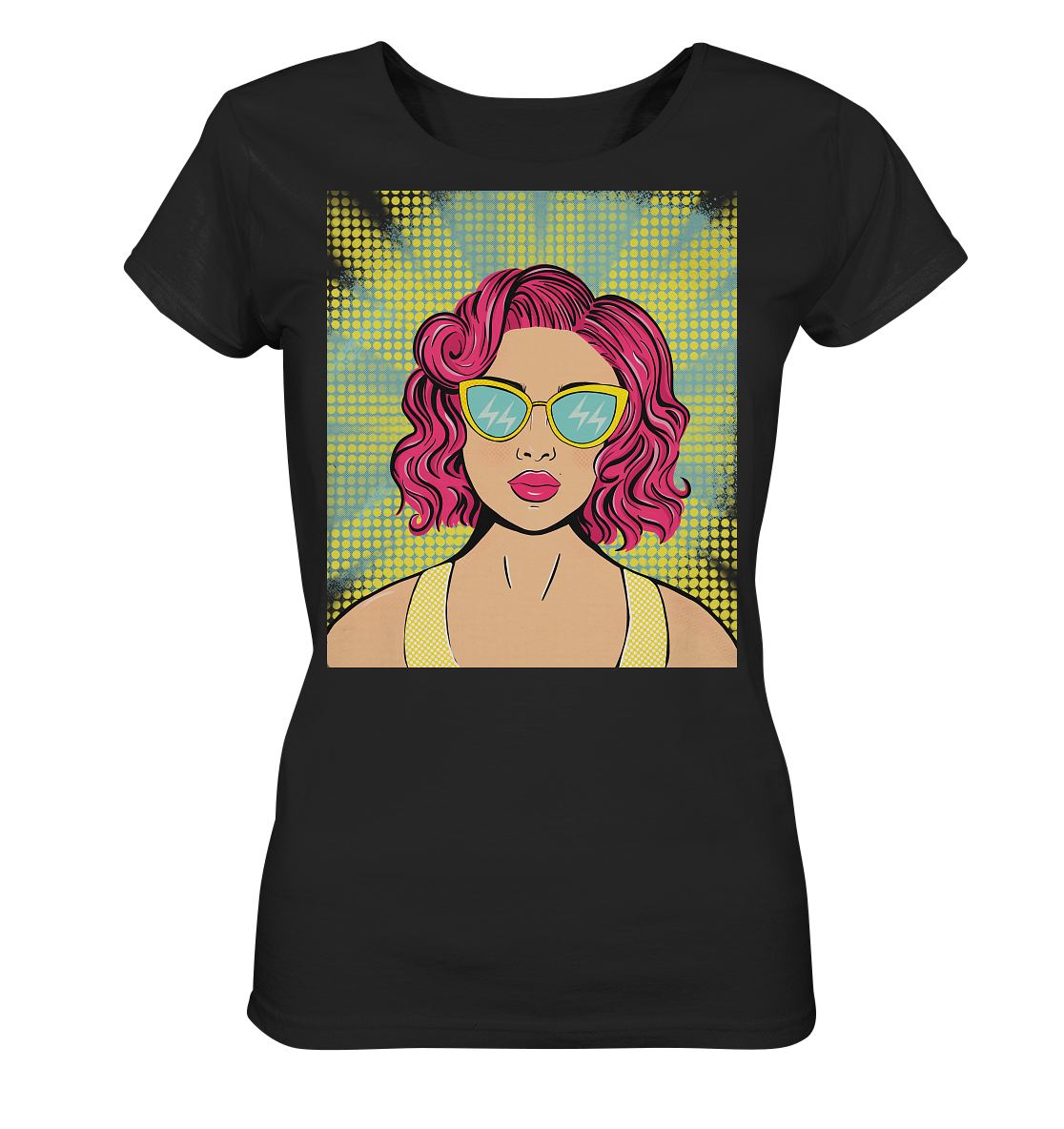 Damen T-Shirt in schwarz mit Pop Art Design Damen T-Shirt bedruckt mit handgezeichneten Pop Art Design. T-Shirt mit bunten Comic Pop Art Style Print.