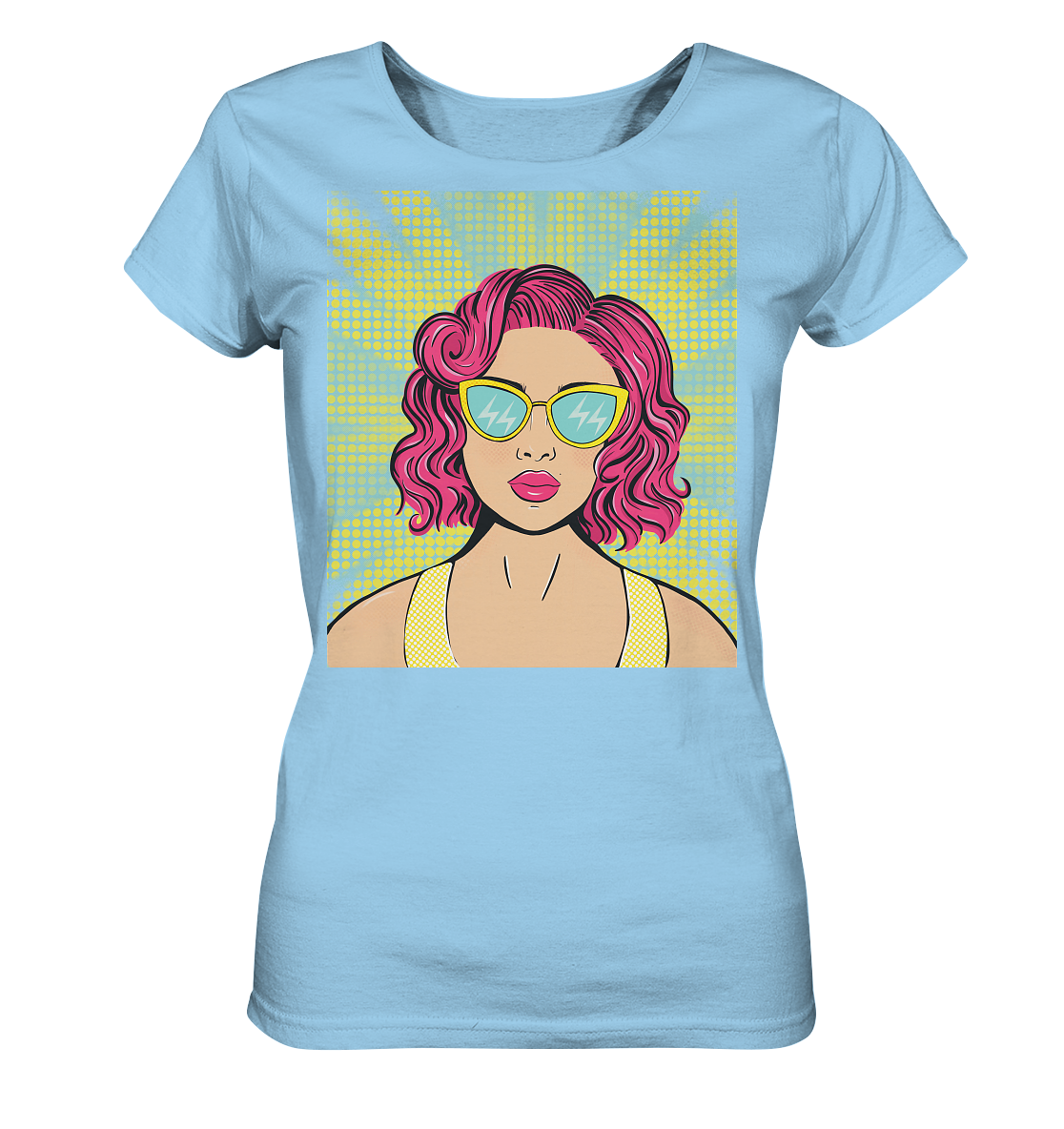 Damen T-Shirt mit Pop Art Design Damen T-Shirt bedruckt mit handgezeichneten Pop Art Design. T-Shirt mit bunten Comic Pop Art Style Print. 