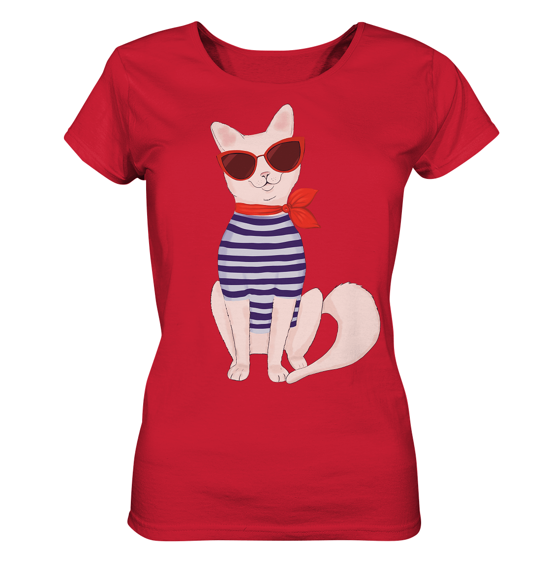 Damen T-Shirt in rot mit der coolen, modische Katze mit Matrosenshirt und roter Sonnenbrille im Cat Eye Style
