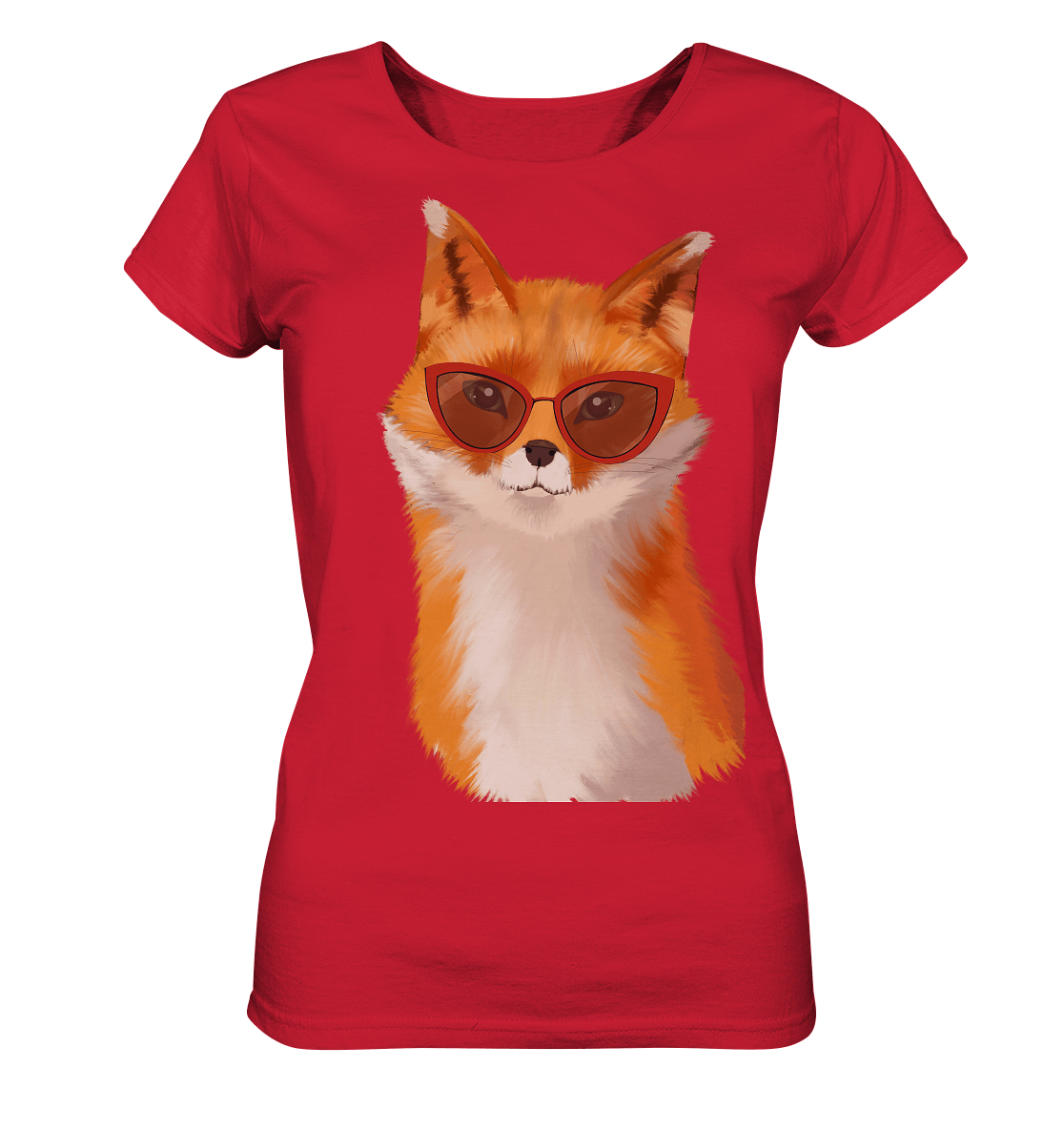 Damen  T-Shirt in Rot mit Fuchs mit Brille, Fuchsfamilie Fuchs Motive T-Shirt