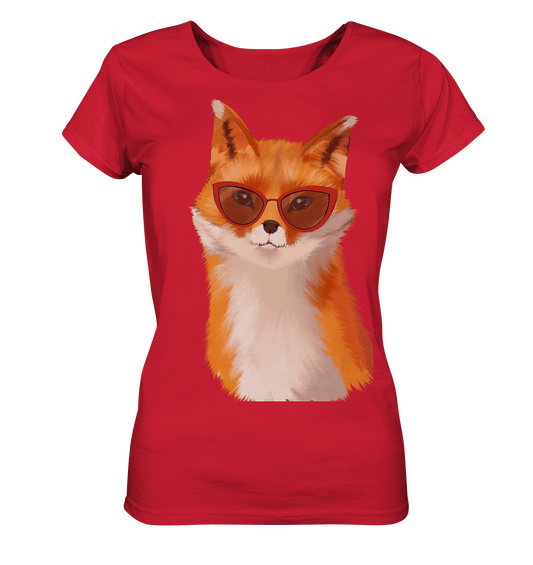 Damen  T-Shirt in Rot mit Fuchs mit Brille, Fuchsfamilie Fuchs Motive T-Shirt