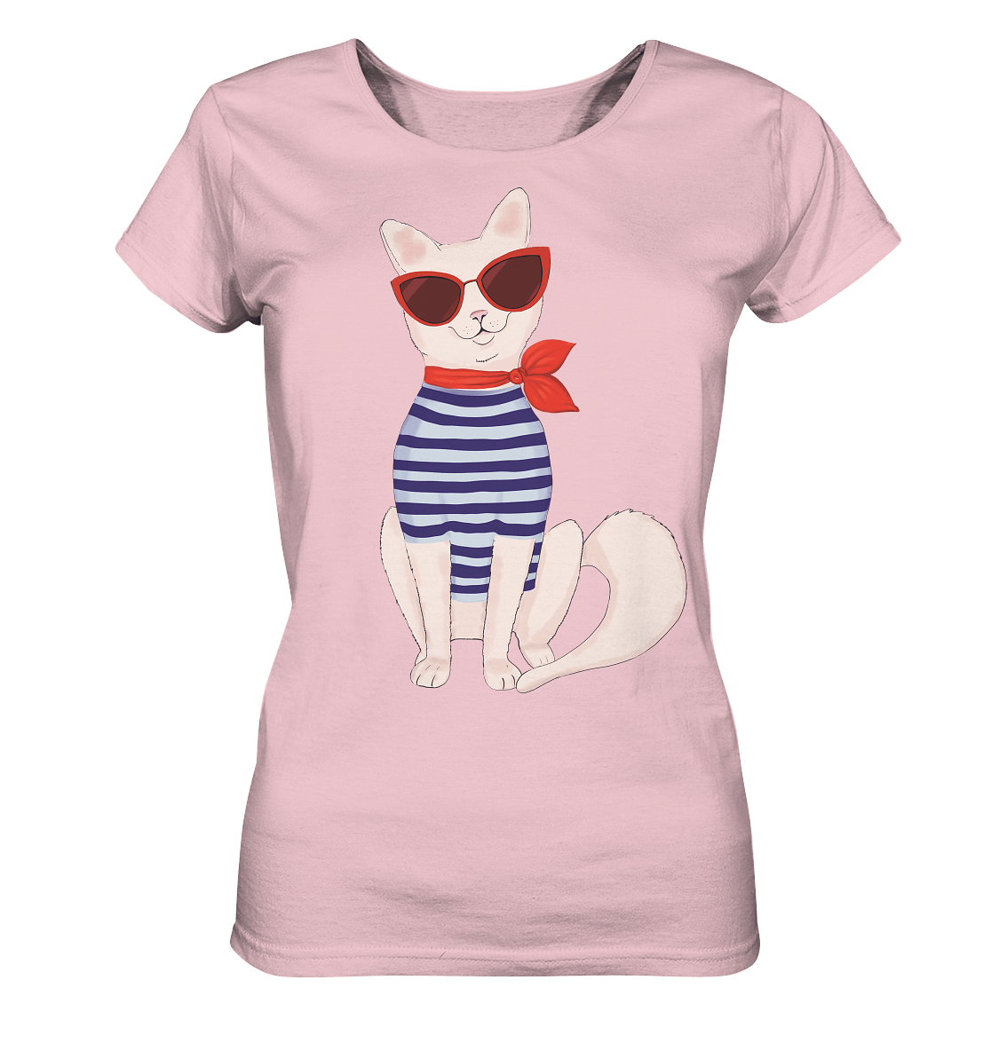 Damen T-Shirt mit Fashion Katze mit Matrosen Hemd und Roter Sonnenbrille von Bloominic