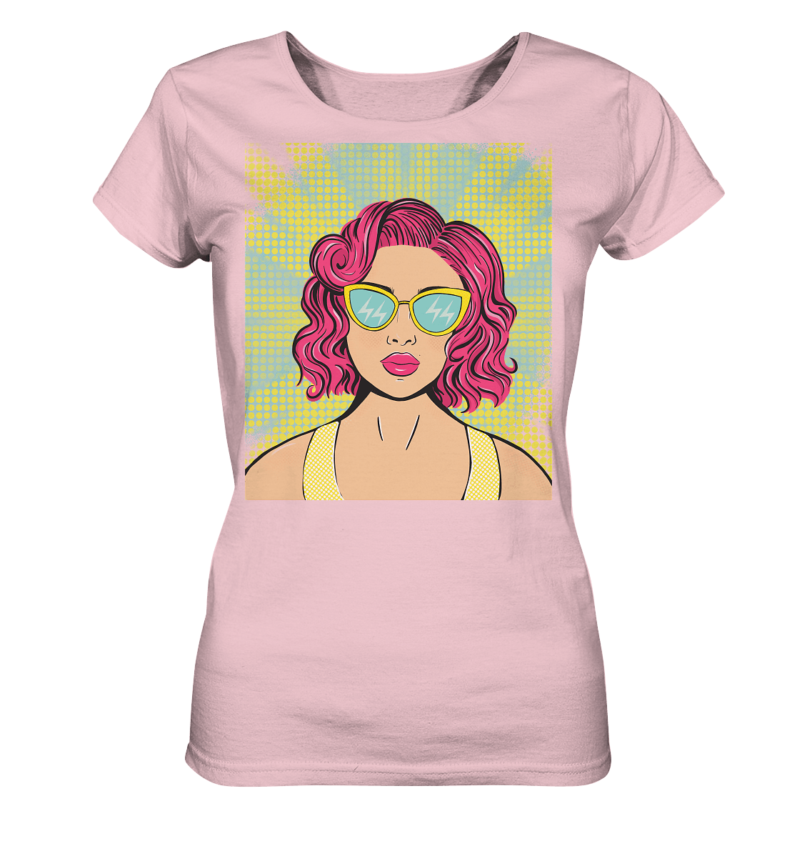 Damen T-Shirt mit Pop Art Design  in rosa Damen T-Shirt bedruckt mit handgezeichneten Pop Art Design. T-Shirt mit bunten Comic Pop Art Style Print von Bloominic