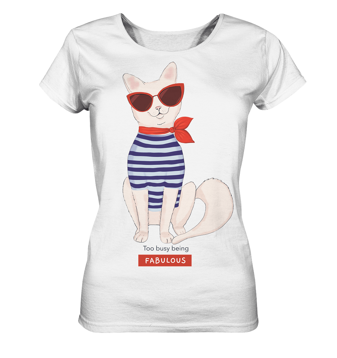 Weiße Katze Maritime Shirt in weiß mit Katze in Streifenshirt mit Sonnenbrille von BLOOMINIC